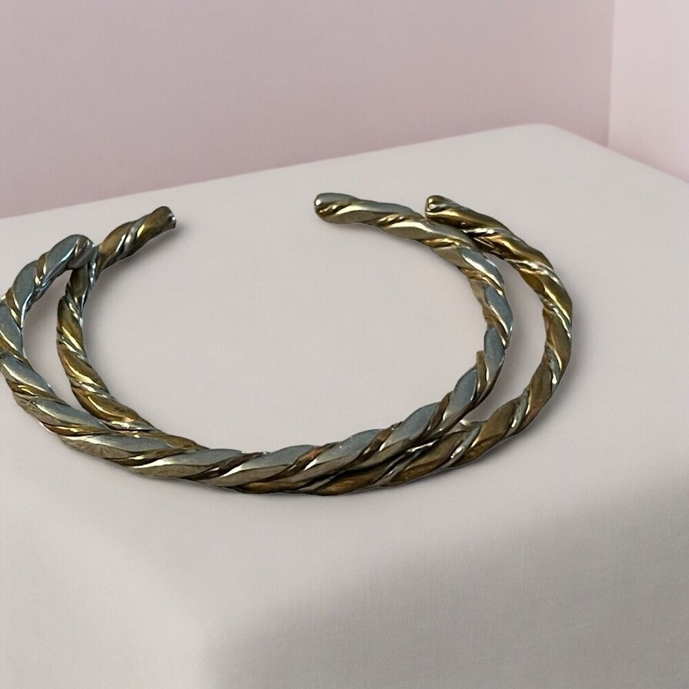 Sergio Lub Signed Set of 2 Cuff Bracelets Spiral Twist Silver & Copper‎ Tone